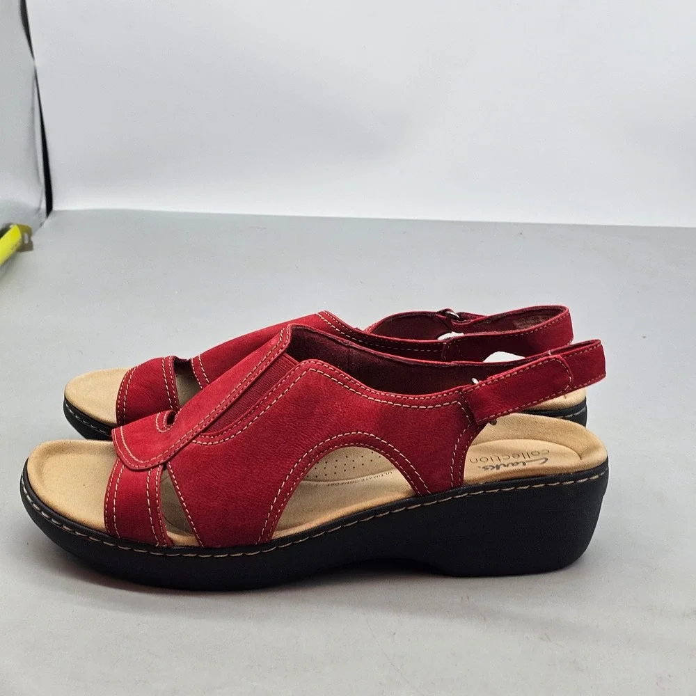 Clarks Collection Red Nubuck Leather Slingback Wedge Sandals Womens Size 12 M